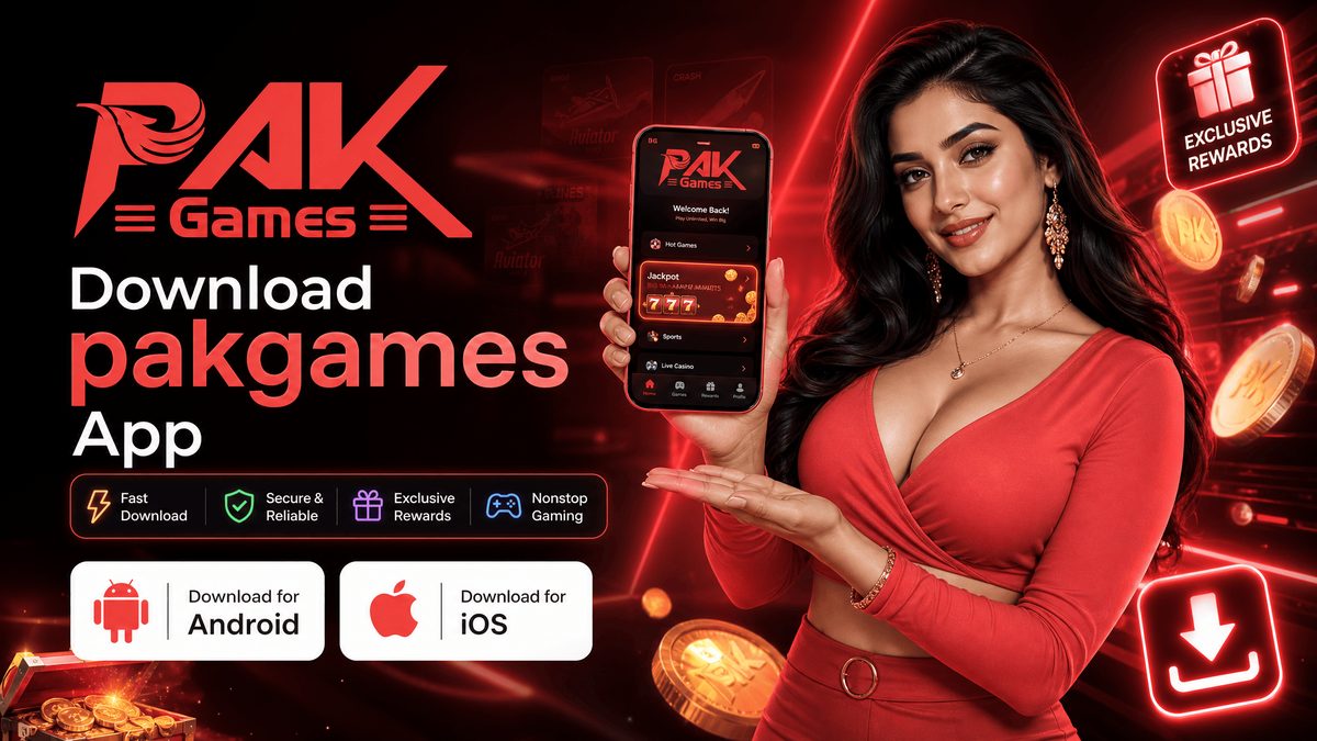 Pak Games download banner with the logo and a phone showing the app, labeled for Android and iOS